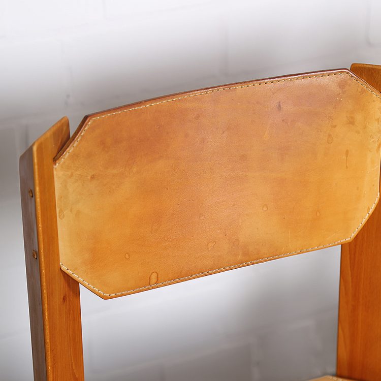 Pierre Chapo Style Set of 4 Dining Chairs Beech Wood Cognac Leather