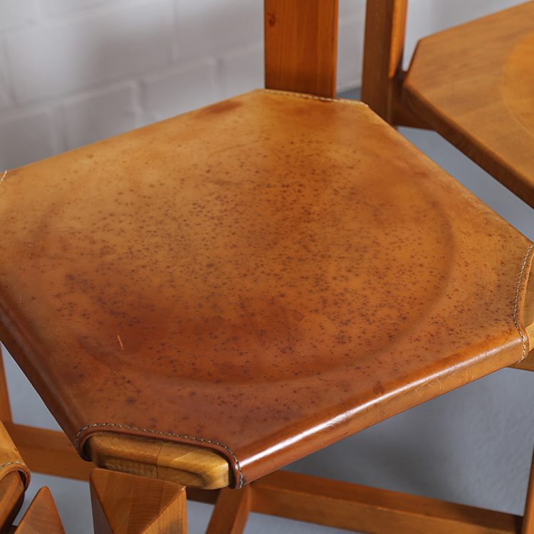 Pierre Chapo Style Set of 4 Dining Chairs Beech Wood Cognac Leather