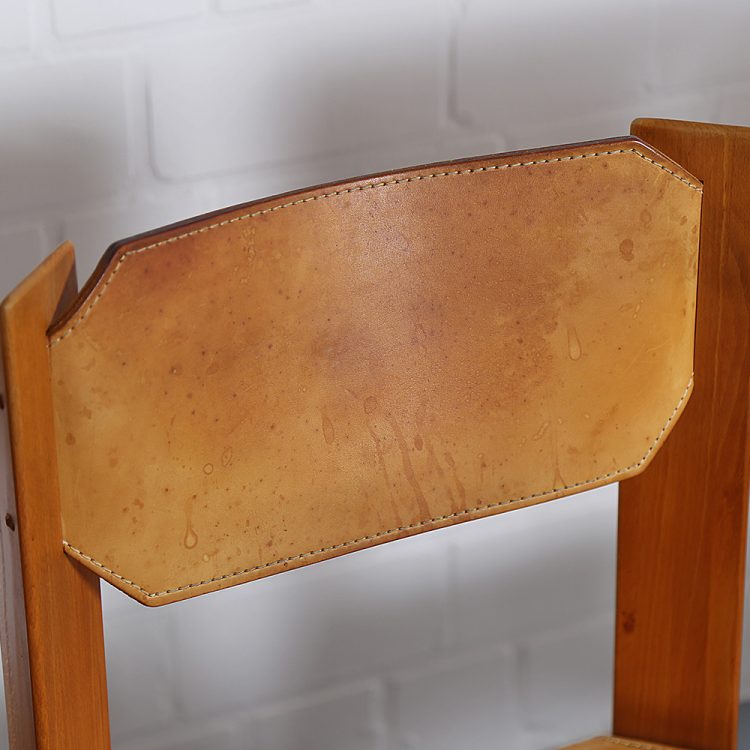 Pierre Chapo Style Set of 4 Dining Chairs Beech Wood Cognac Leather